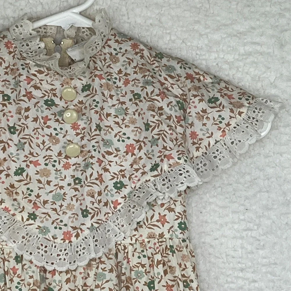 Vintage Floral Prairie Dress Girls 5 Maxi Tiered Lace Cottagecore Little House